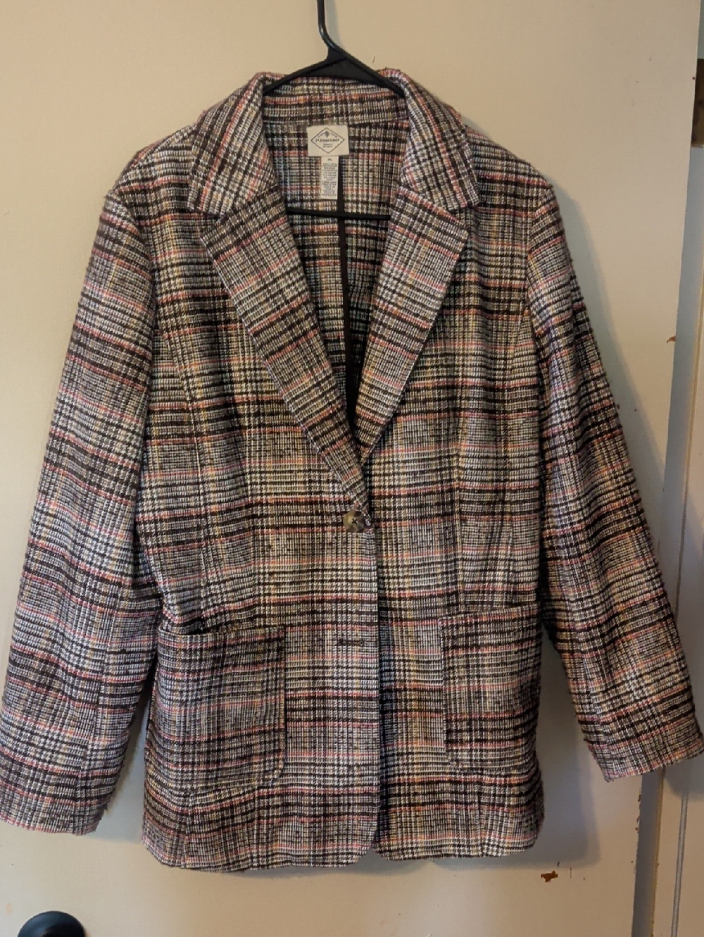 St. John's Bay Plaid Tweed Blazer in Cream, Black & Pink Accents